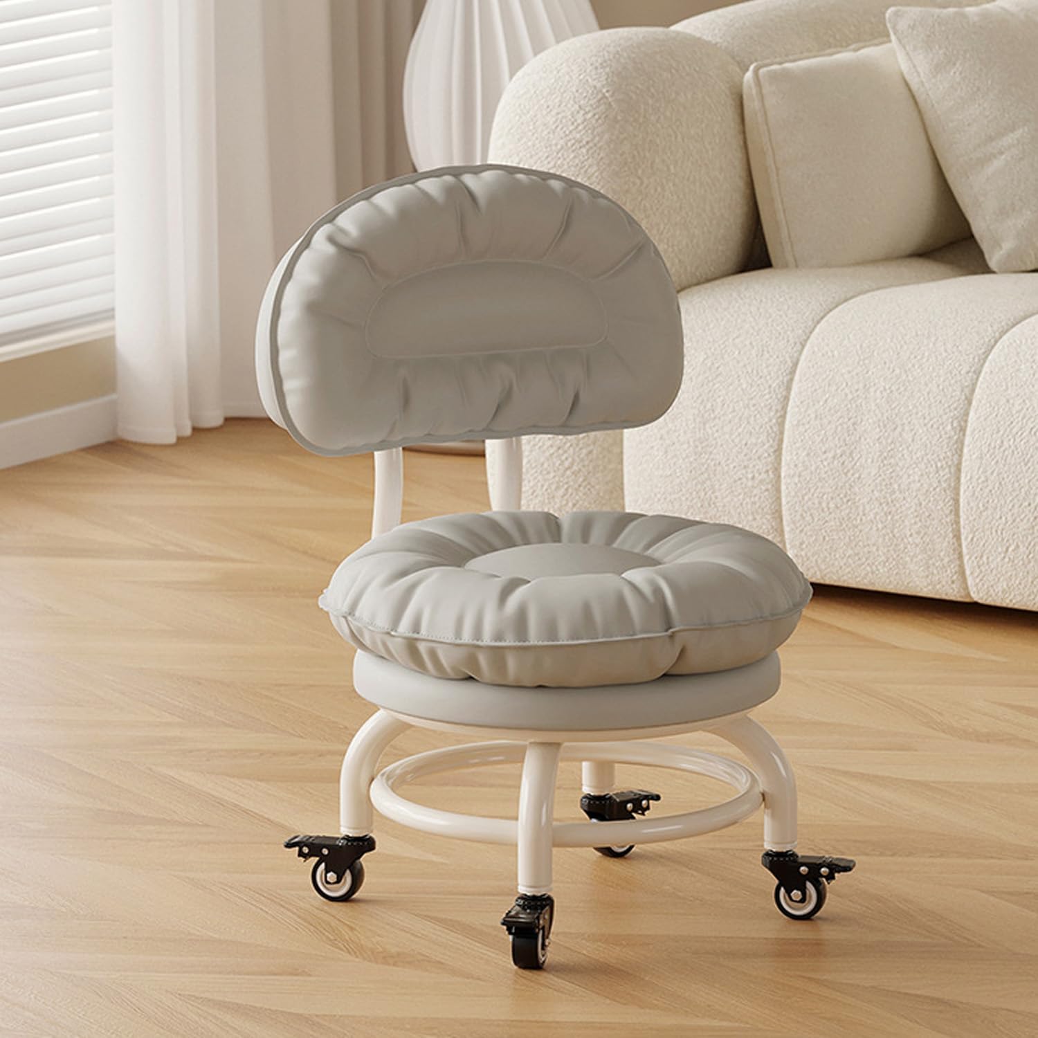 Gray,B,Low Rolling Stool with Back Support Roller Seats, Roller Chair PU Leather Low Stool with Wheels Foot Step Chair for Home,Shop,Office,Garage,Mechanic,Auto Repair,Library,Manicure