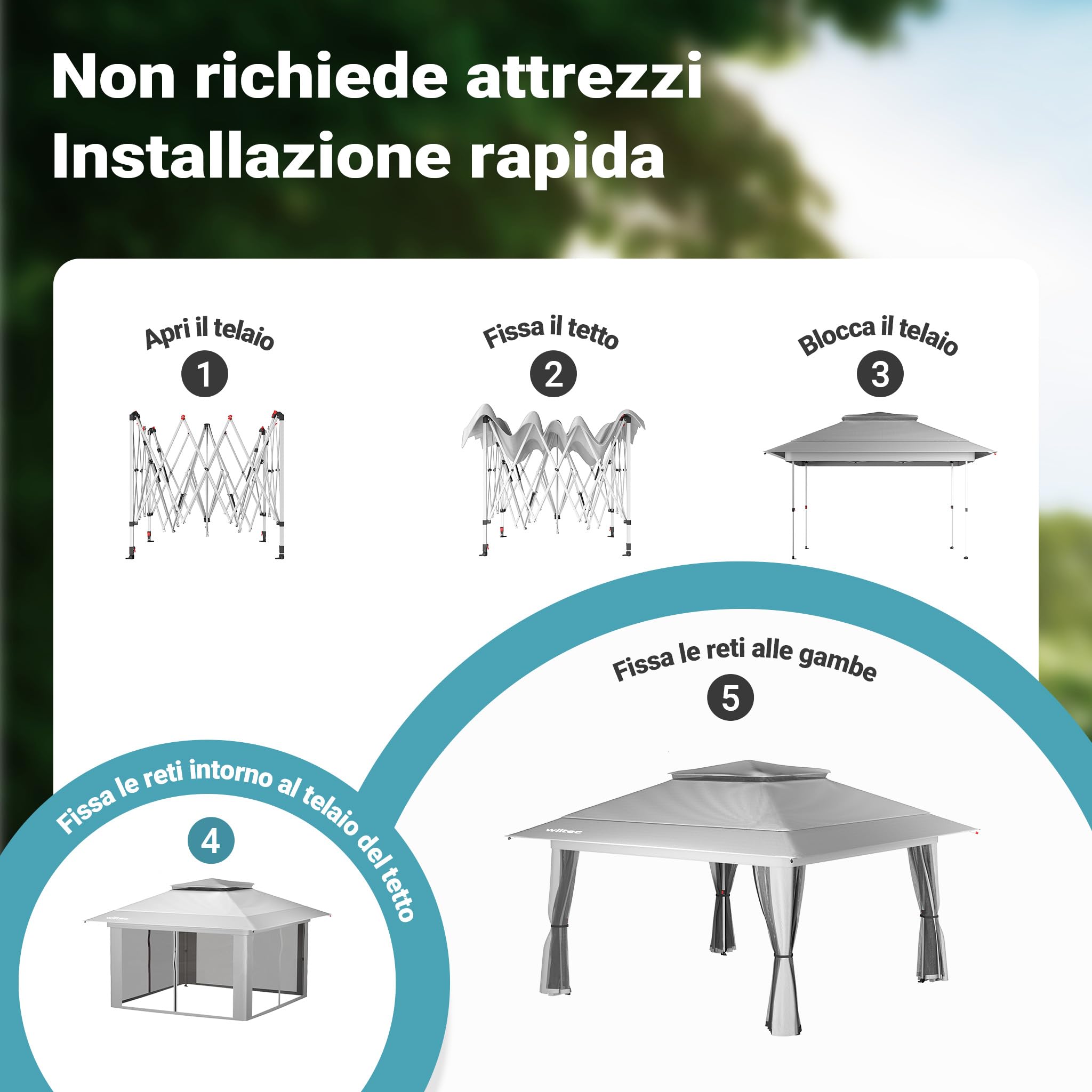Wiltec Gazebo pieghevole con zanzariera, grigio chiaro 4 x 4 m, impermeabile, UV 50+, Tendone per feste