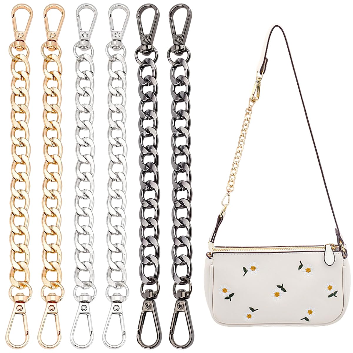 6 PCS Bag Extender Chains Metal Purse Extender Chain Flat Chain Straps Silver Bag Accessories Bag Strap Replacement Clutch Strap Extension for Handbag Purse Wallet