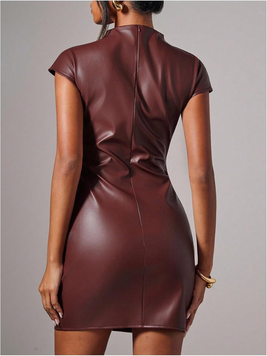 Milumia Women's Sexy PU Mock Neck Leather Dress Ruched Bodycon Club Party Short Dresses - Image 2