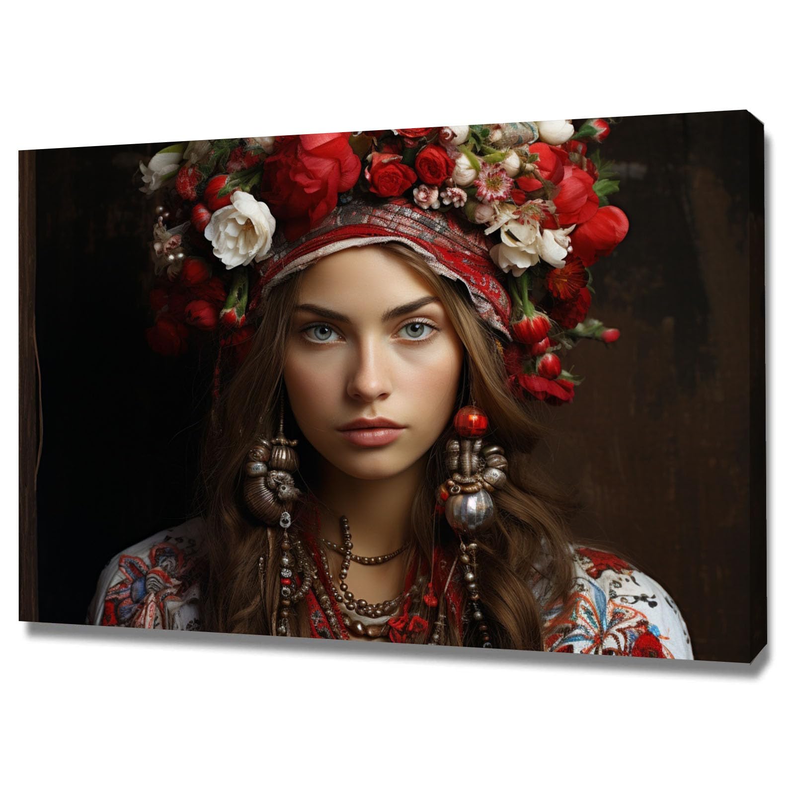 TERUEA Canvas Wall Art Abstract Woman With Red Floral Headdress And Jewelry Picture Prints for Girls Room Bedroom Wall Decor(Red)-40x60cm Framed