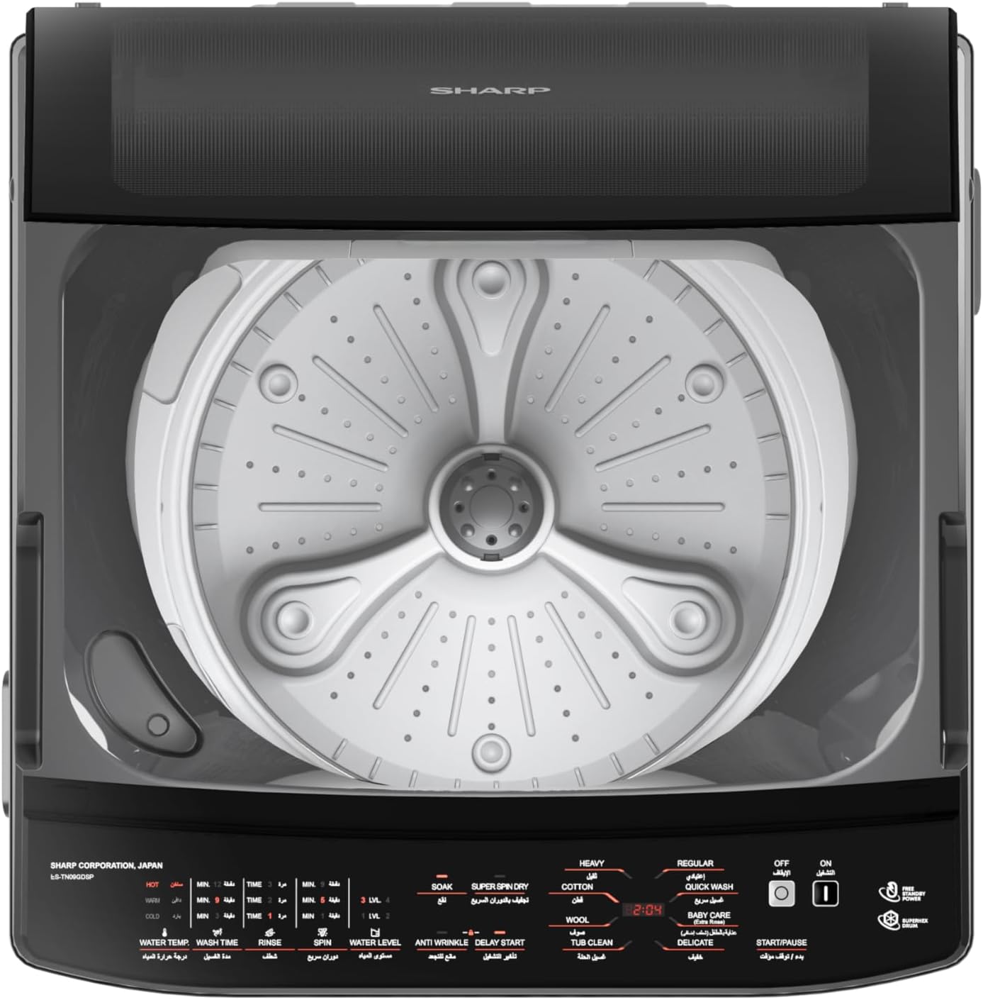 Top view of the Sharp ES-TN09GDSP washing machine control panel with digital display and program buttons.