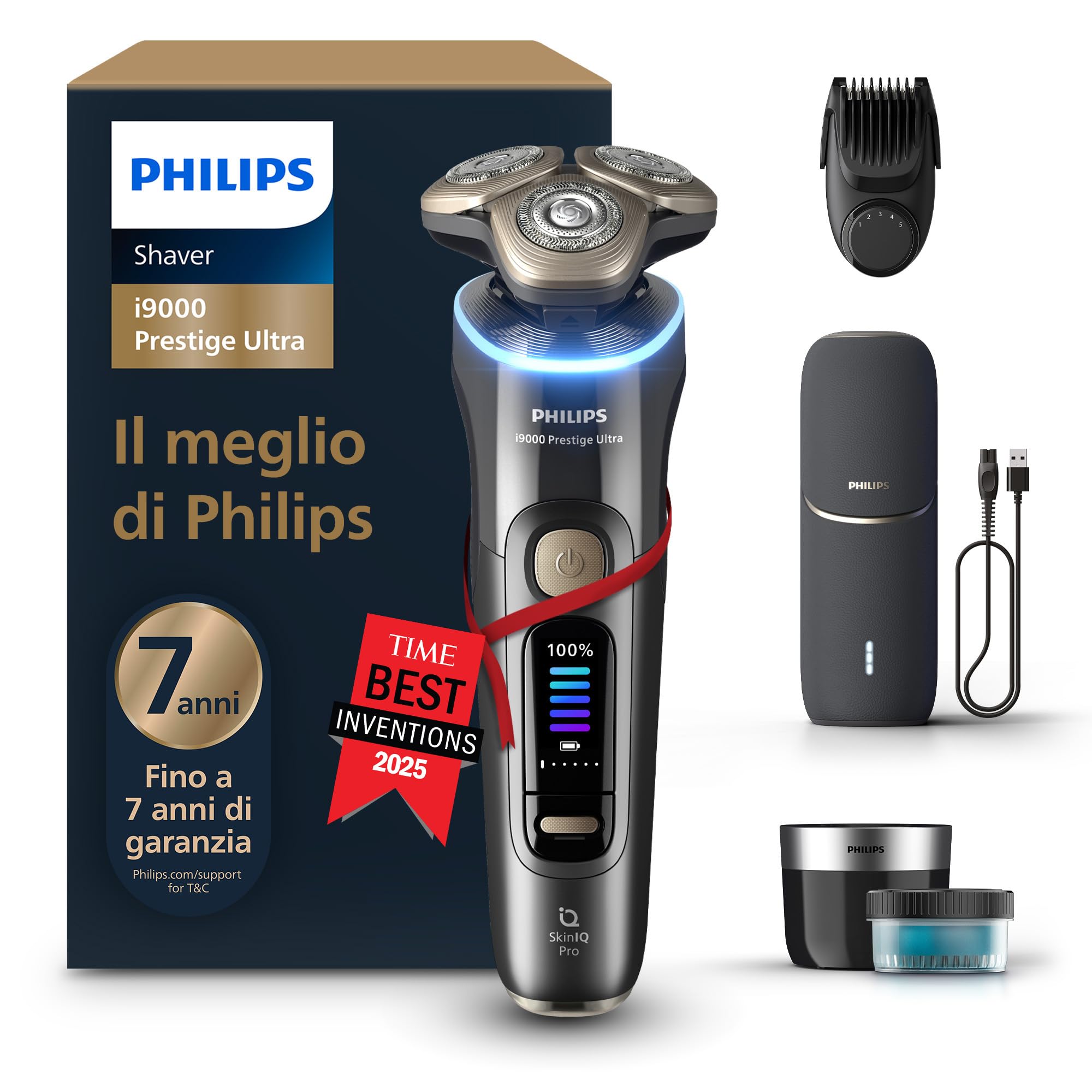 Philips Shaver i9000 Prestige Ultra, rasoio elettrico Wet & Dry, tecnologia Skin IQ Pro, triplo sistema di sollevamento e taglio, lame di precisione NanoTech 360º, 5 modalità di rasatura, XP9402/46
