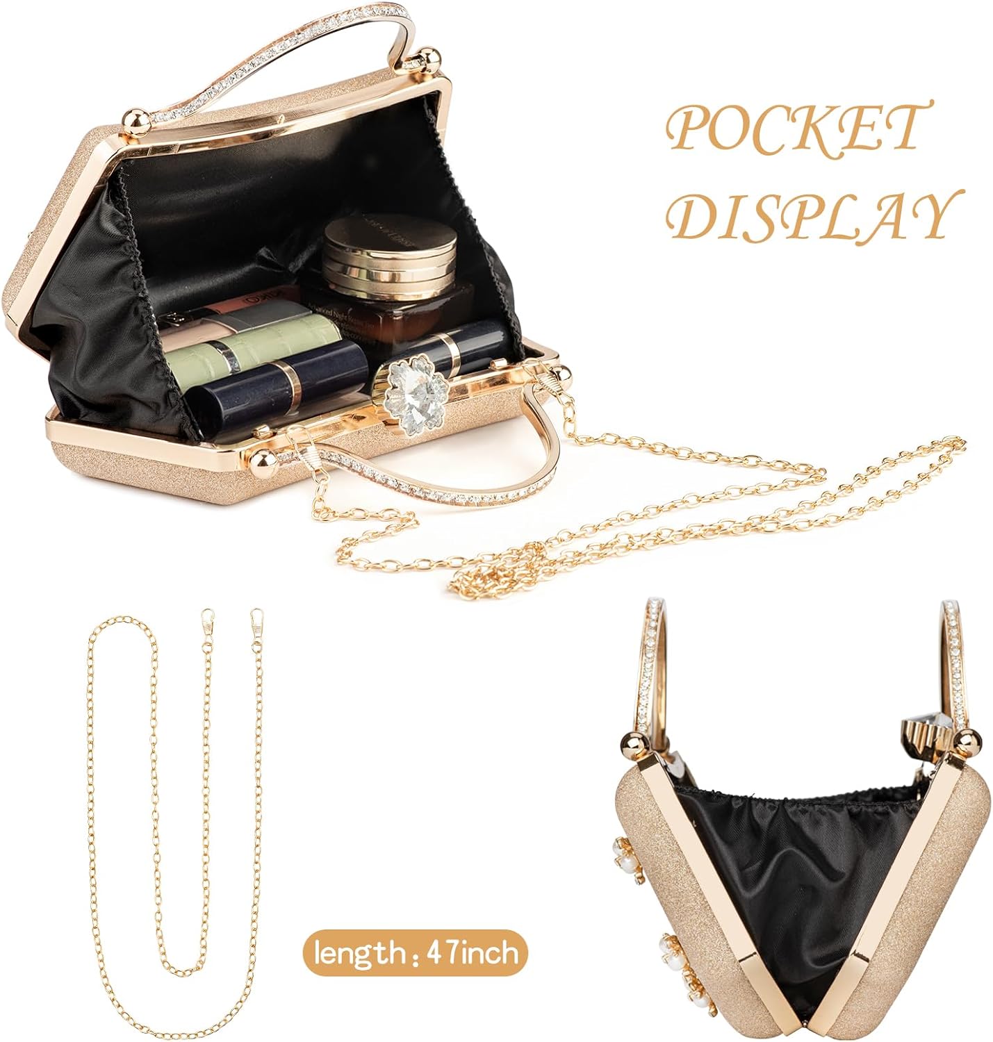 Women's Gold Glitter Shiny Pearl and Flower Decor Clutch Evening Purse Wedding Party Bag