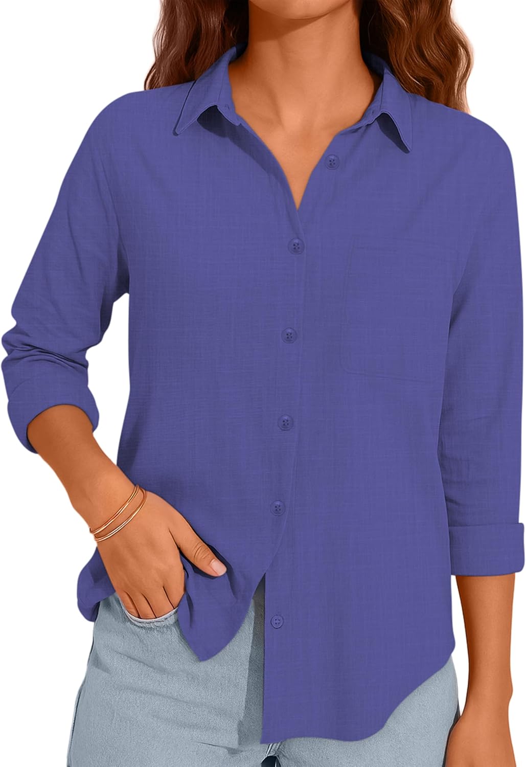 Diosun Womens Button Down Shirts Long Sleeve Cotton Stylish Gauze Tops Casual Loose Fit Blouses with Pocket - Image 2