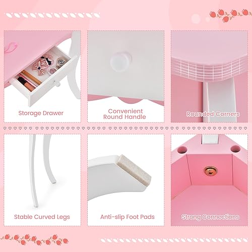 Miniatura 2 de Costzon Juego de mesa y silla para niños, juego de tocador para niñas con espejo y taburete, cajón de almacenamiento, tocador de maquillaje de