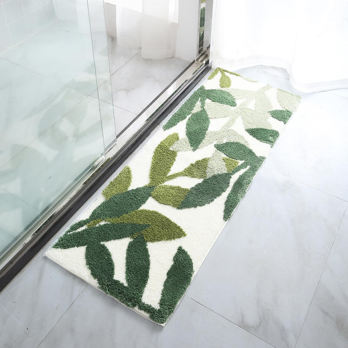 ZebraSmile Long Bathroom Runner Rugs- Green Leaves Bathmats Strong Water Aabsorbent Bath Rug with Non Slip Back Large Cute Bathroom Mat for Bathtub Shower Wash Basin 17.5x47 IN/45x120 CM