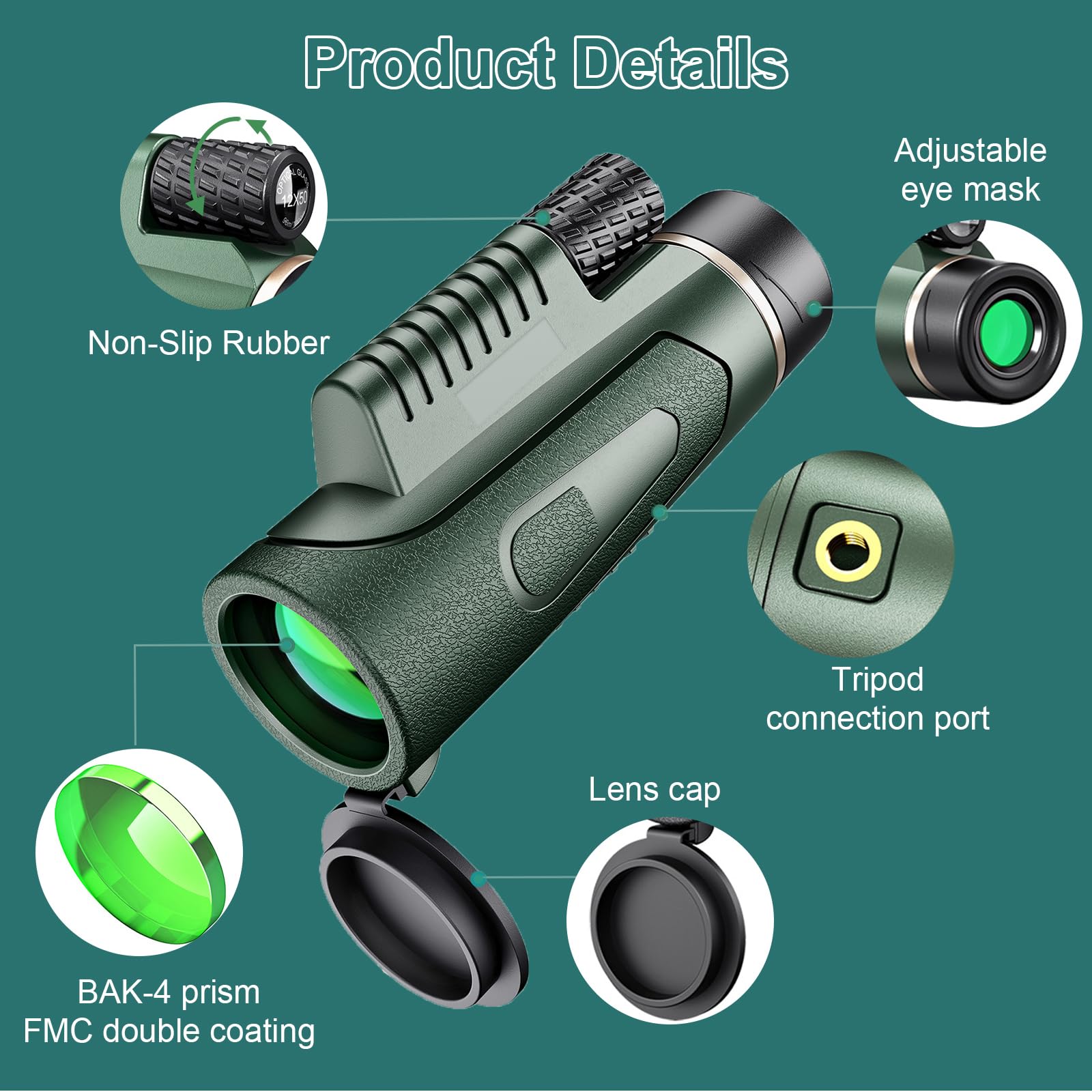 12 X 50 Telescopio Monocular Prisma BAK4 Revestimiento Múltiple Trípode Soporte para Smartphone Impermeable Monocular para Adultos para la Observación de Aves Senderismo Caza