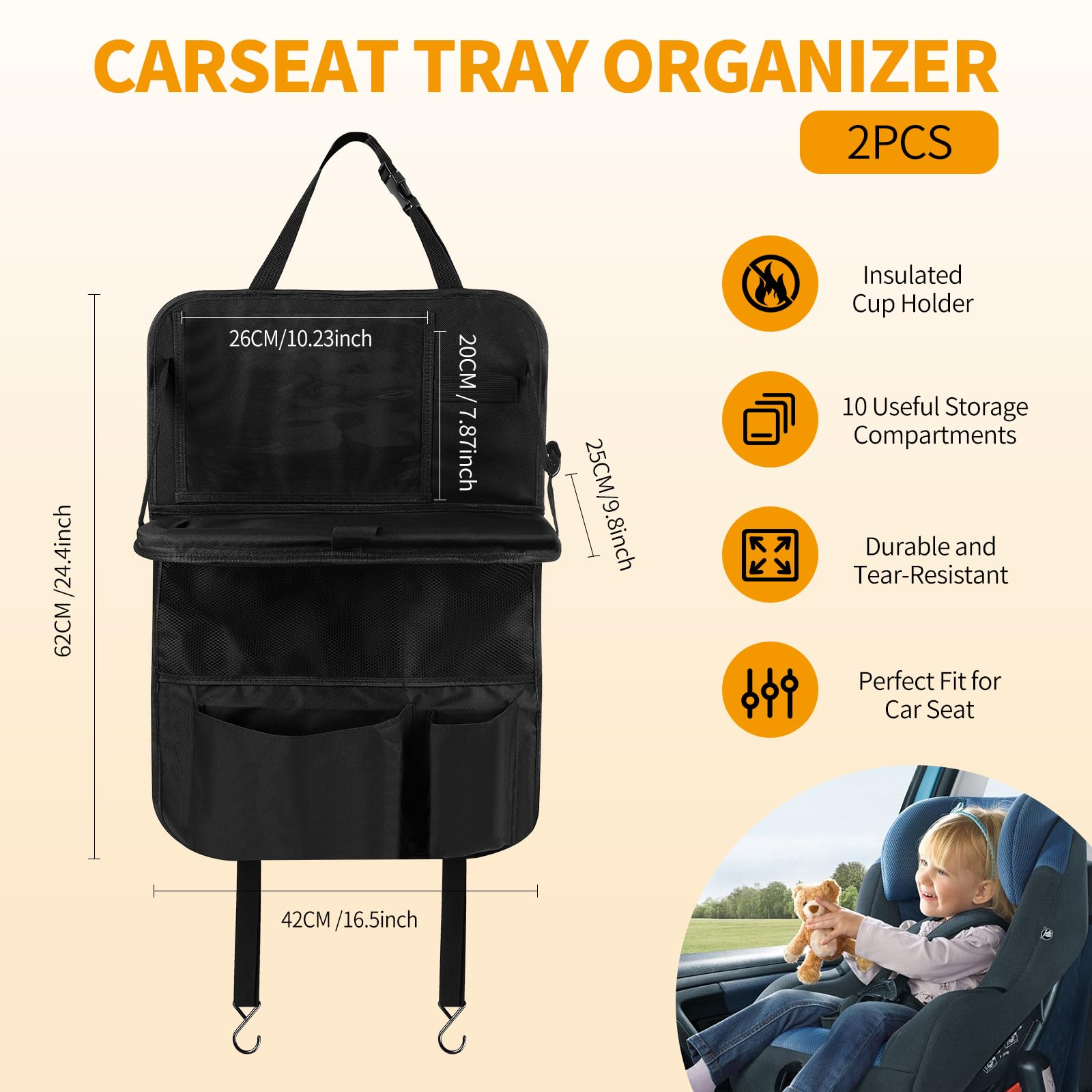 Organisateur de Siège avec Table Pliante pour Enfant, Protection Siège Voiture Enfant Imperméable avec Pochette Tablet, Rangement Arrière pour Console de Jeux et Jouets pour Voyages (Lot de 2)