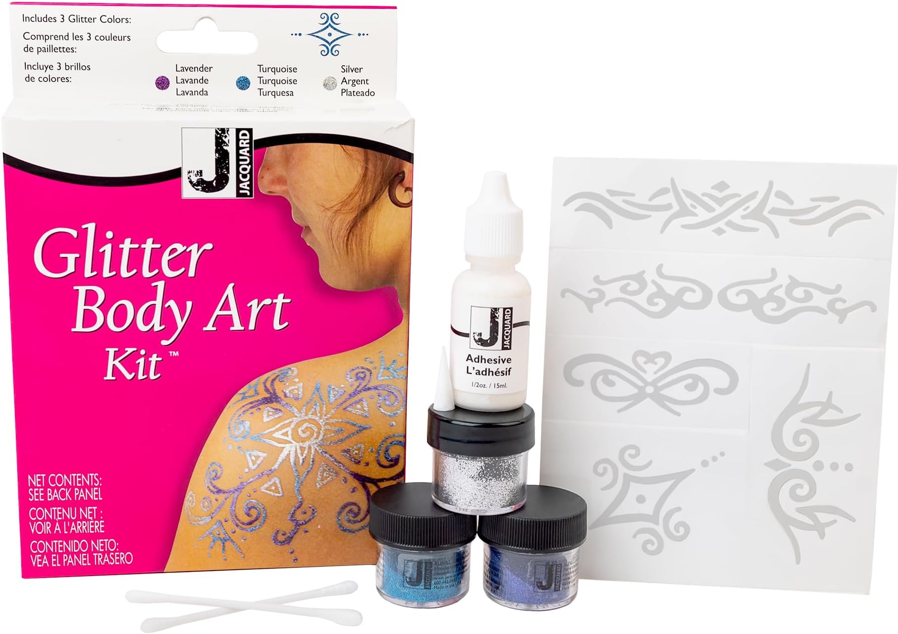 Jacquard Glitter Body Art Kit - Complete Glitter Tattoo Kit for Kids and Adults - Temporary Glitter Tattoos for Parties or Events - Glitter Tattoo Stencils 3 Jars of Glitter, Adhesive, & Instructions