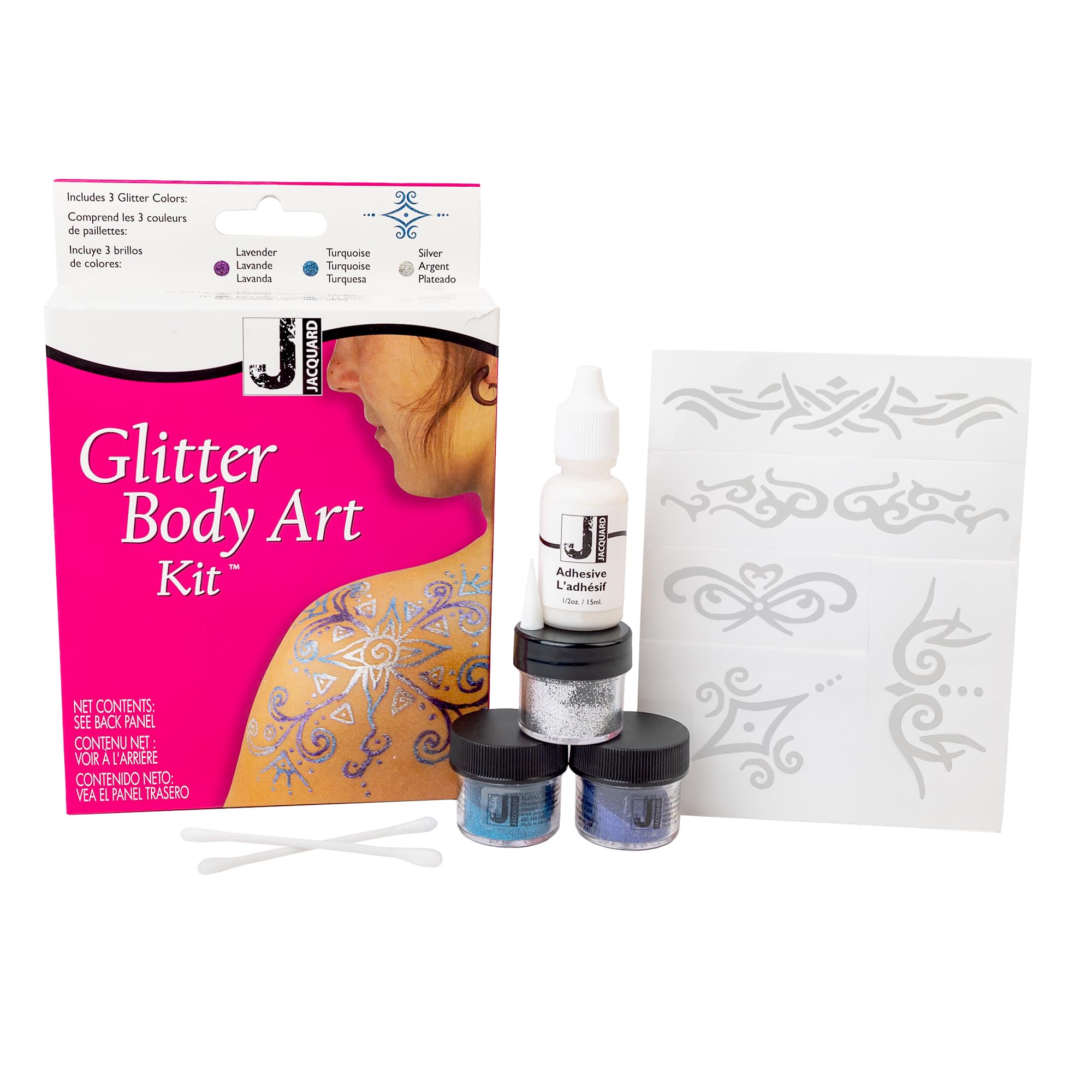 JacquardGlitter Body Art Kit - Complete Glitter Tattoo Kit for Kids and Adults - Temporary Glitter Tattoos for Parties or Events - Glitter Tattoo Stencils 3 Jars of Glitter, Adhesive, & Instructions