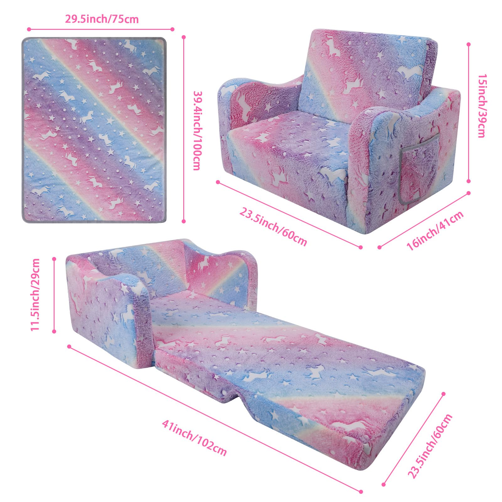 Convertible Sofa para Niños 2 en 1,Suave Cómoda Sofa con Manta para Niñas y Niños,Brilla en la Oscuridad Silla Plegable Niño para Dormitorio Sala de Juegos,Rosa Unicornio