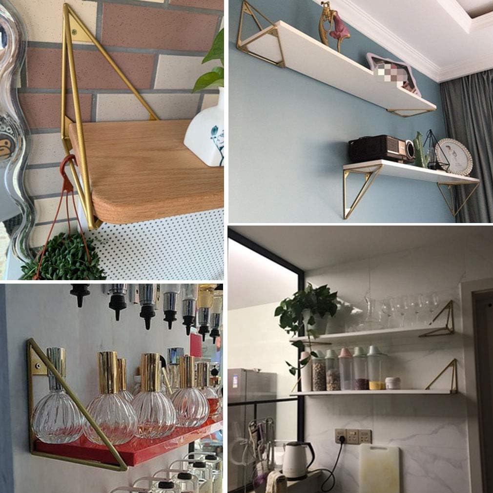 NIANXINN 2X Metal Iron Shelf Bracket,Triangular Shelving Brackets,Hairpin Leg Prism Baffle Support,Decorative Corner Brace Floating Laminate Shelve Wall Mounted,for Living Room,Bathroom(gold20cm/8in)