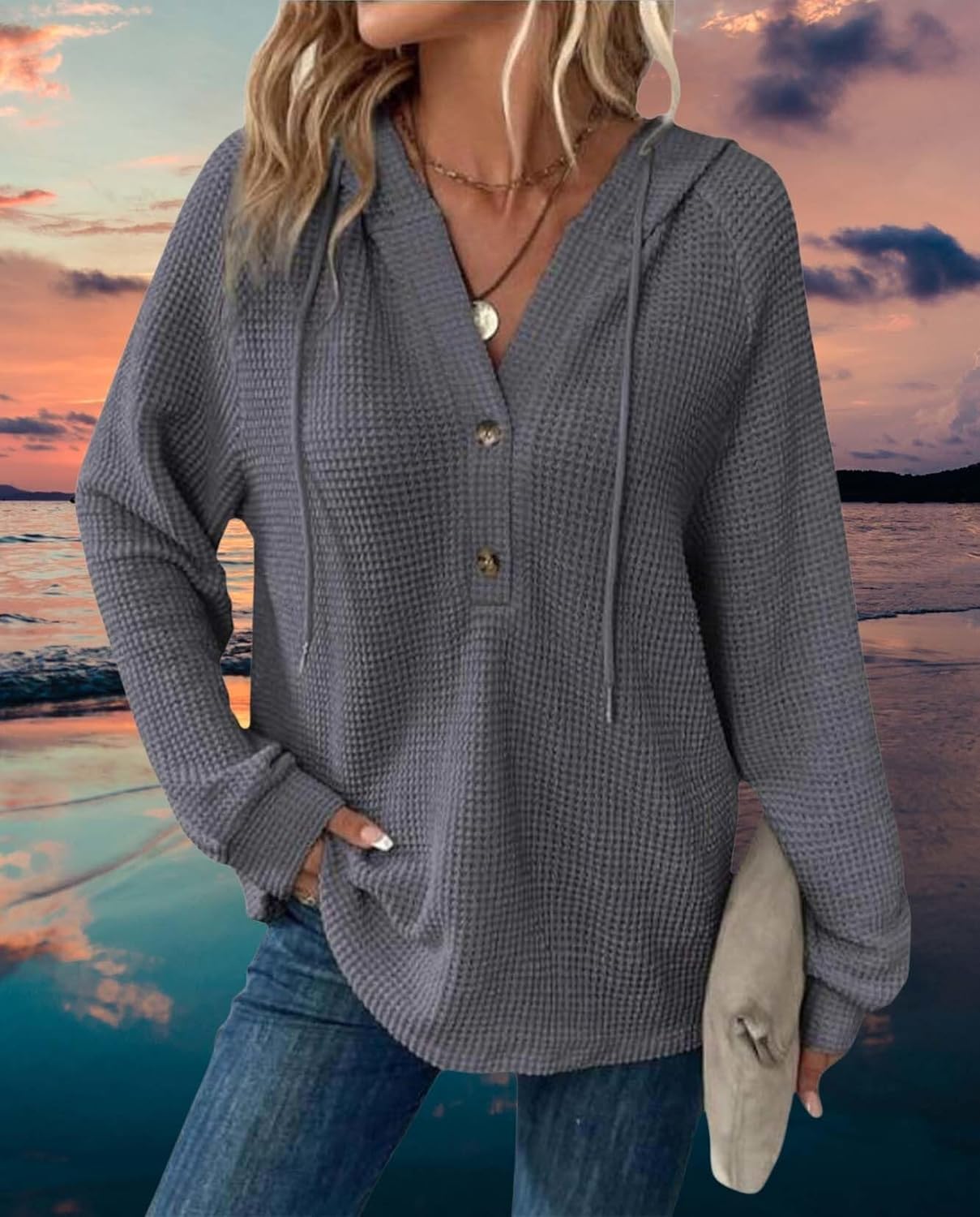 Waffle Hooded Sweatshirt Women Drawstring Long Sleeve Button Up V Neck Casual Pullover Knit Sweatshirt Tops - Image 2