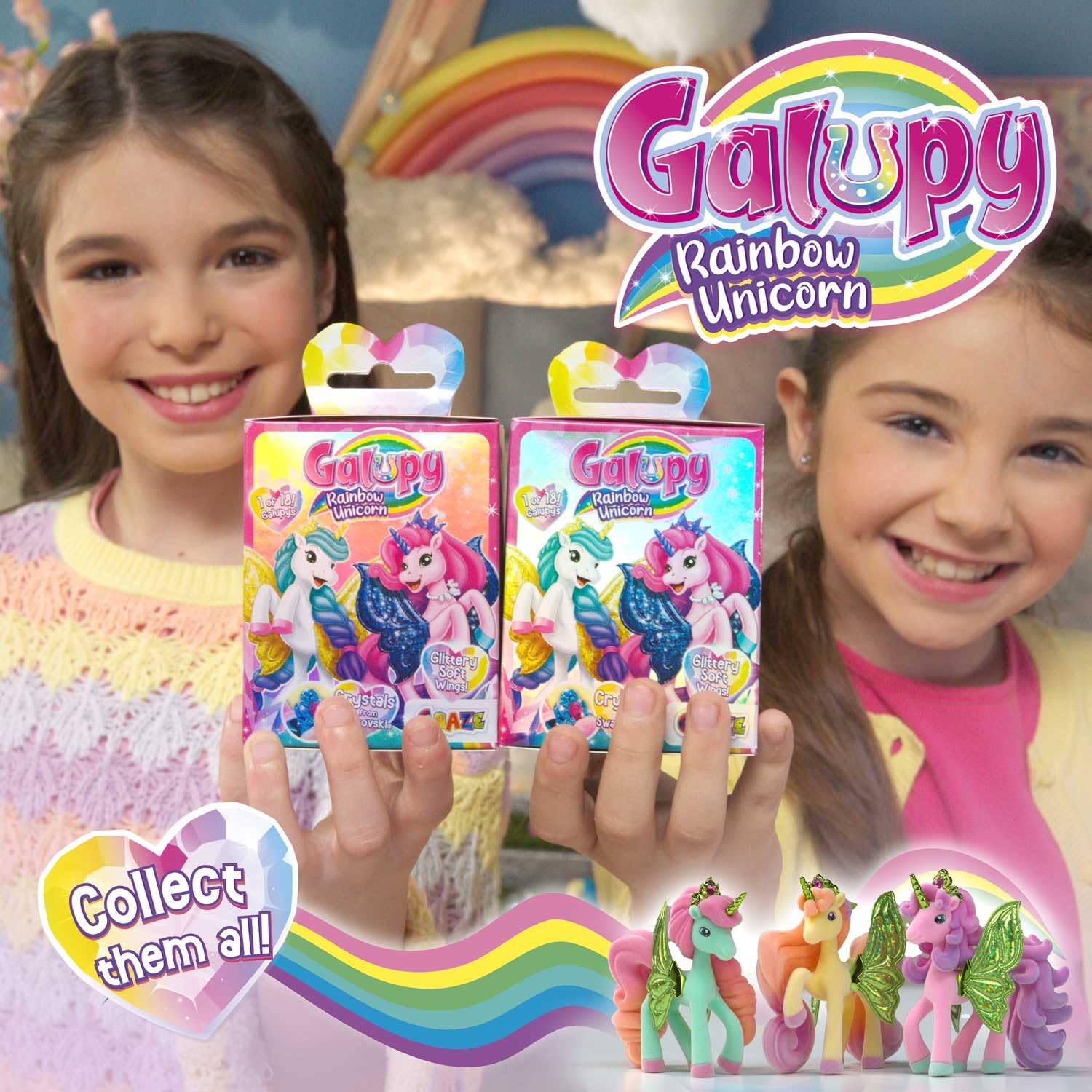 Galupy Rainbow Unicorn 6-pack - Unicorno di peluche da collezione, statuette di unicorno con ali glitterate e cristalli Swarovski