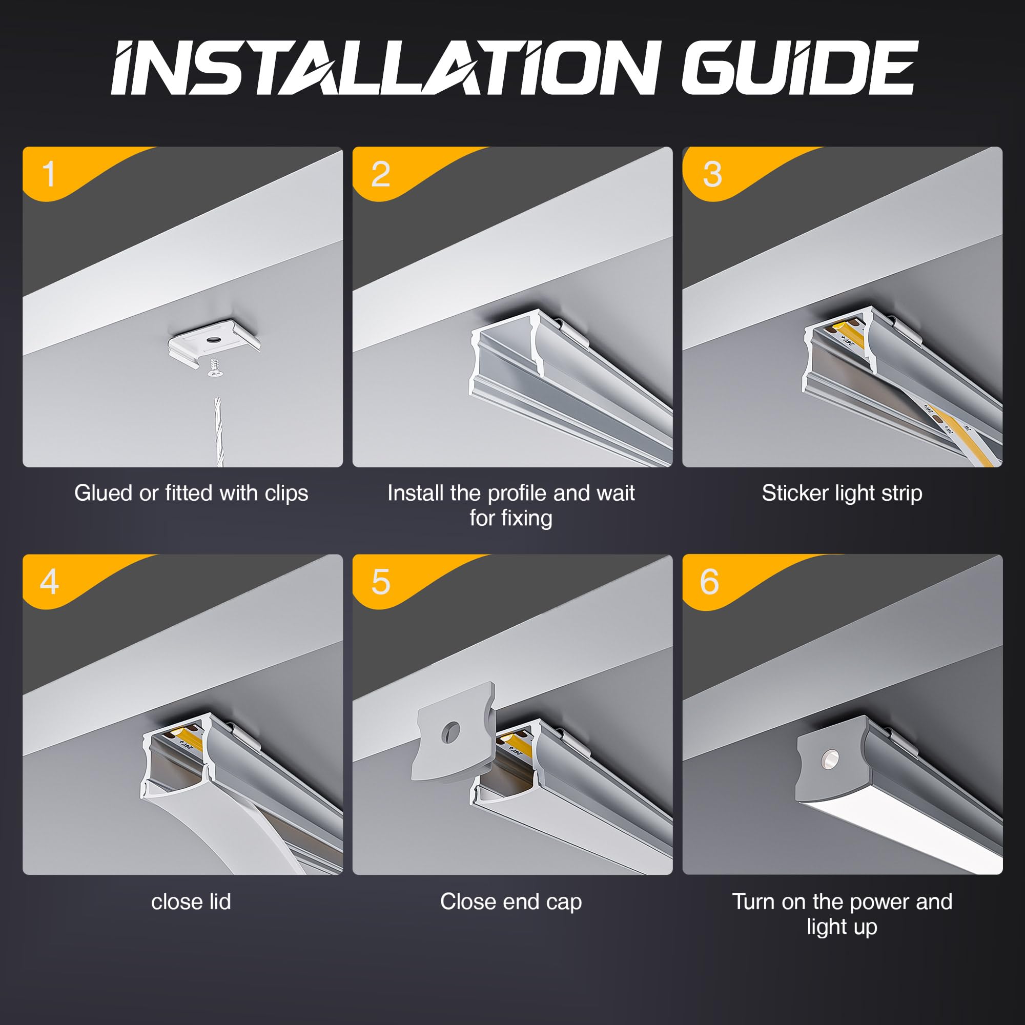 Profilo alluminio per strisce led con 10 coperture diffusore, 10 profili per strisce led da 2m, 20 cappucci e 40 clip per profili per strisce per illuminazione indiretta