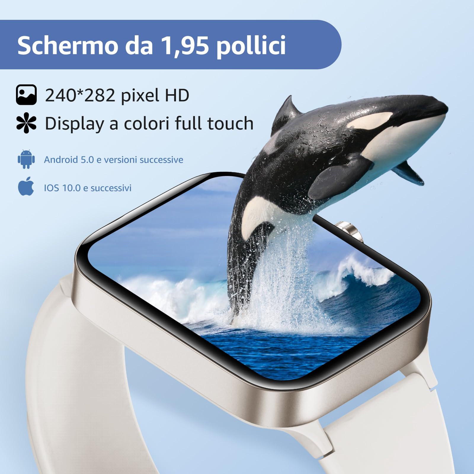 KIUVKAS Smartwatch Uomo Donna, 1.95" Full Touch Screen Smartwatch con Effettua/Risposta Chiamate, Fitness Tracker con Pressione Sanguigna e Monitor Sonno, 140+ Sport Step Counter per Android iOS