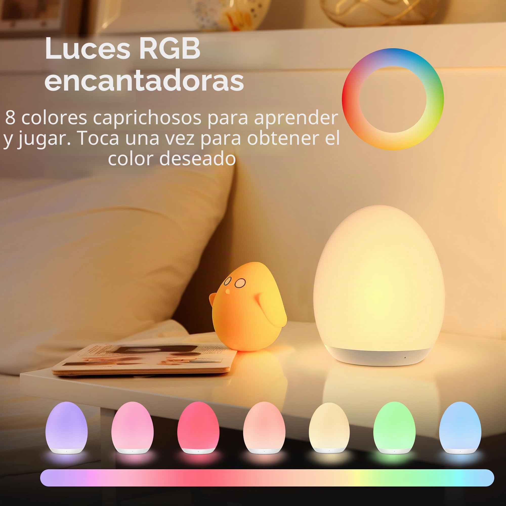 Luz nocturna para niños, luz nocturna de bebé con modo de cambio de 7 colores y atenuación continua, luz nocturna de guardería sin BPA, luz nocturna de huevo recargable para lactancia materna