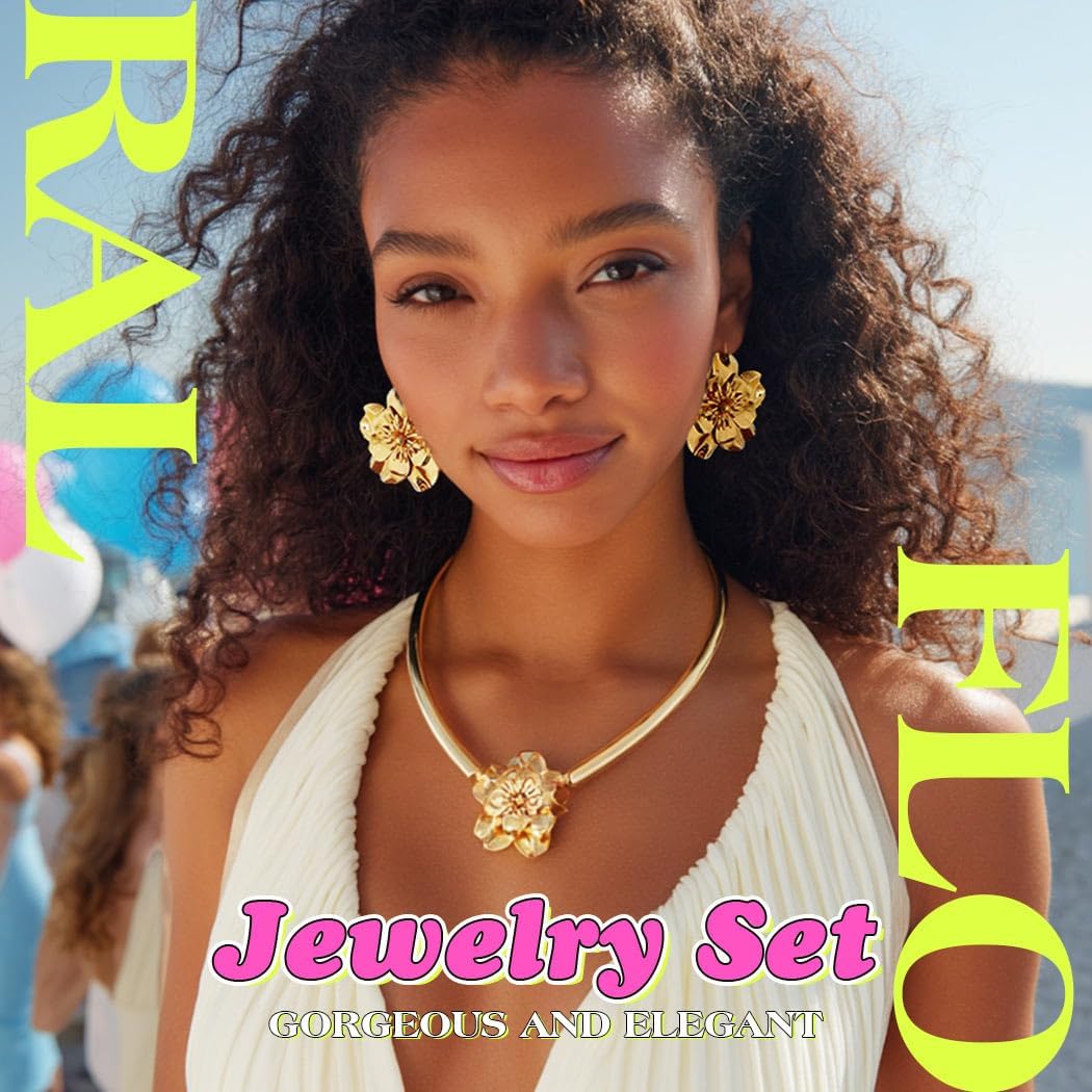 ACEDRE Gold Flower Necklace and Earrings Set Floral Prom 2pcs Jewelry Sets for Women - Image 6