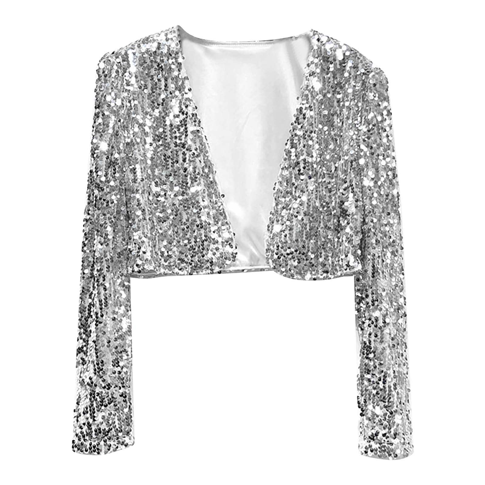 Sequin Bolero Jackets for Women Girls Long Sleeve Open Front Sparkly Cardigan Cover Up Wedding Guest Dress Coat