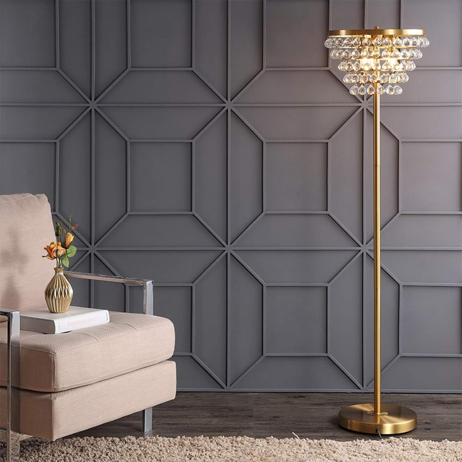 Alpinaluz Kryształowa lampa stojąca – stylowy design ze złotą podstawą, abażurą wodospadową i 3 lampami E14, nowoczesny styl do salonu, sypialni i biura