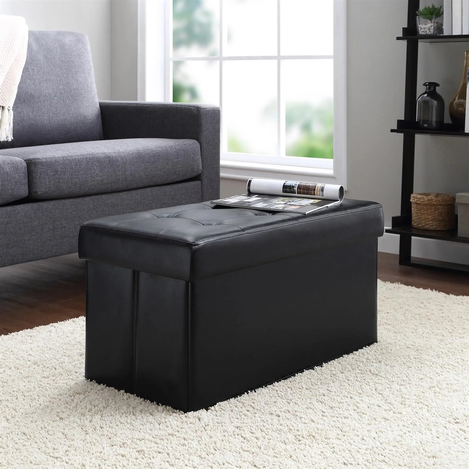 Taburete de Almacenamiento Plegable de 30 Pulgadas, Banco de Cuero sintético Negro Acolchado, Taburete otomano con reposapiés for Entrada al Dormitorio