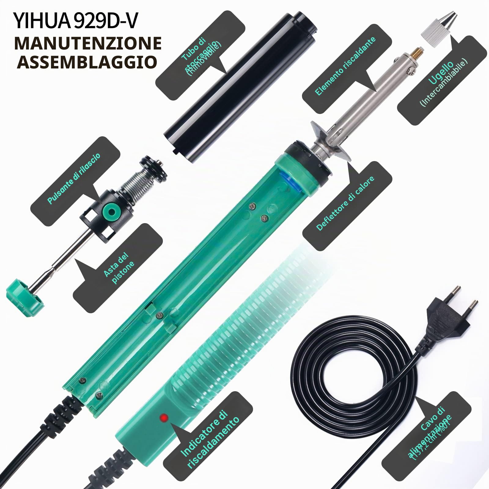 YIHUA 929D-V Pompa dissaldante a ventosa elettrica con impugnatura di ricarica corta e ugelli dissaldanti 1,0 mm 1,2 mm 2,0 mm per dissaldatura a foro passante(EU PLUG)
