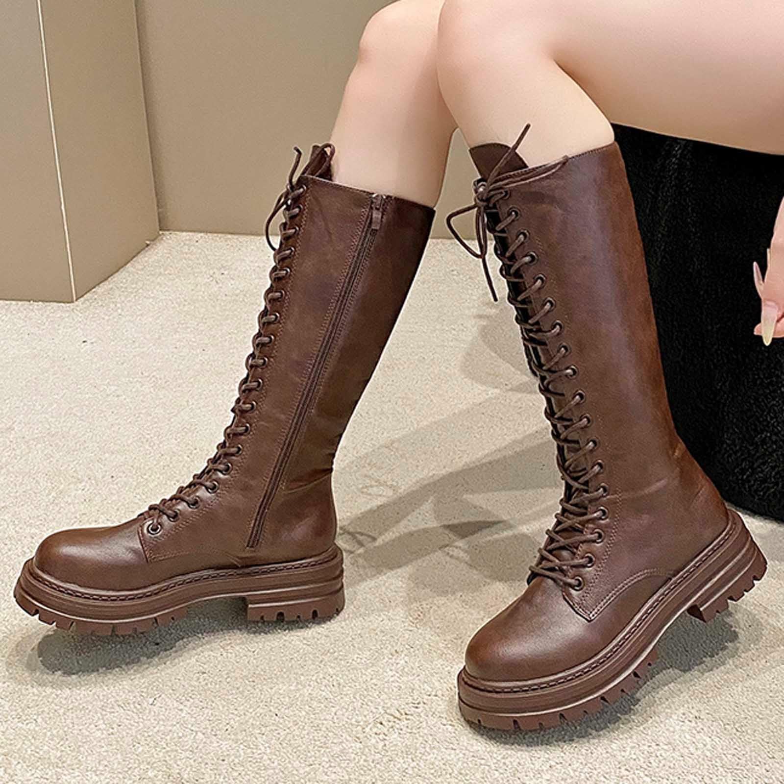 Botas altas hasta la pantorrilla Botines de invierno de moda con cordones Botines cómodos de plataforma con tacón grueso Botas casuales de tobillo