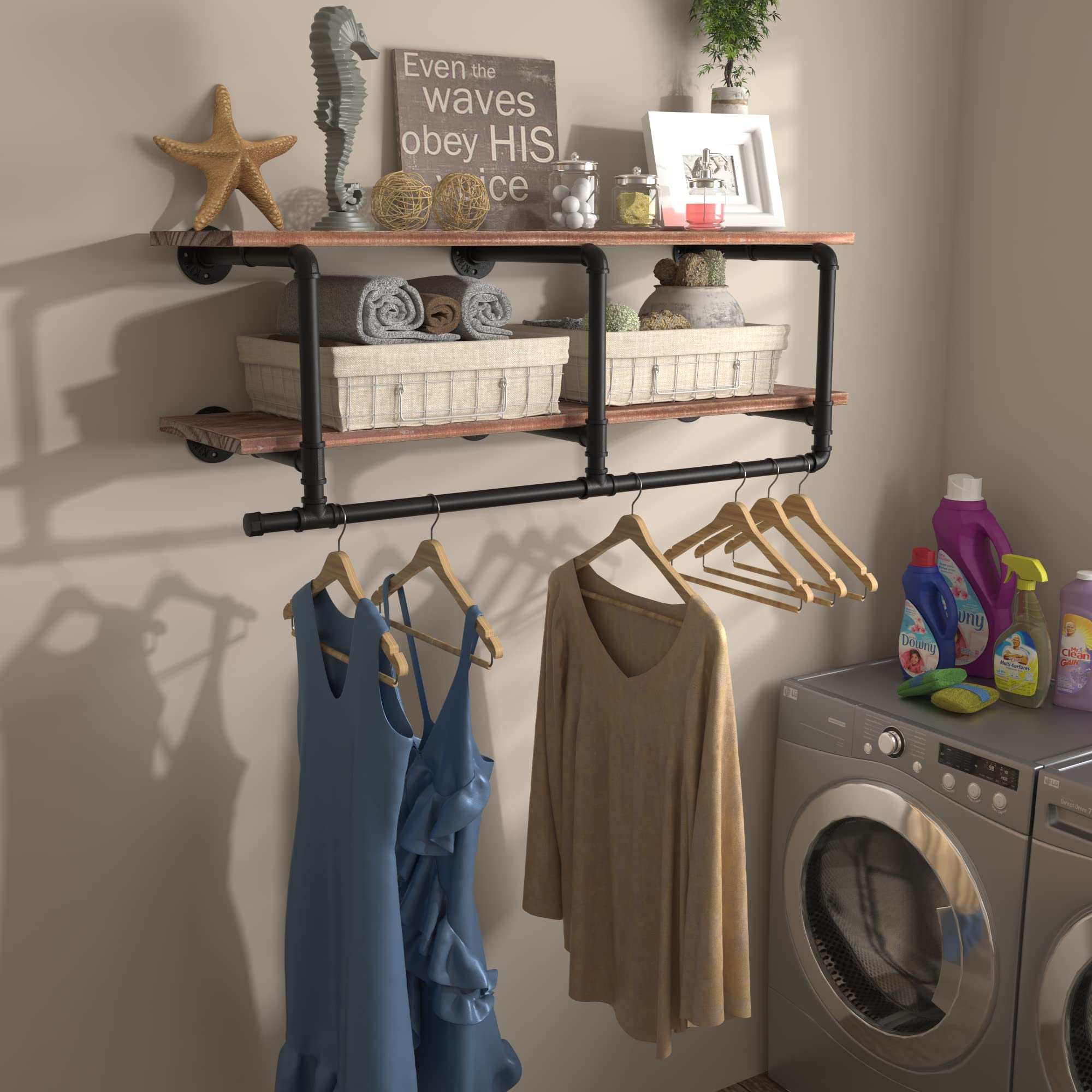 Industrial Pipe Clothing Rack with Top Shelf, Space-Saving Wall Mounted Clothes Rack 2 Tiers, Shelf with Hanging Rod for Closet Storage, Laundry Room. (2Tier, Brown)