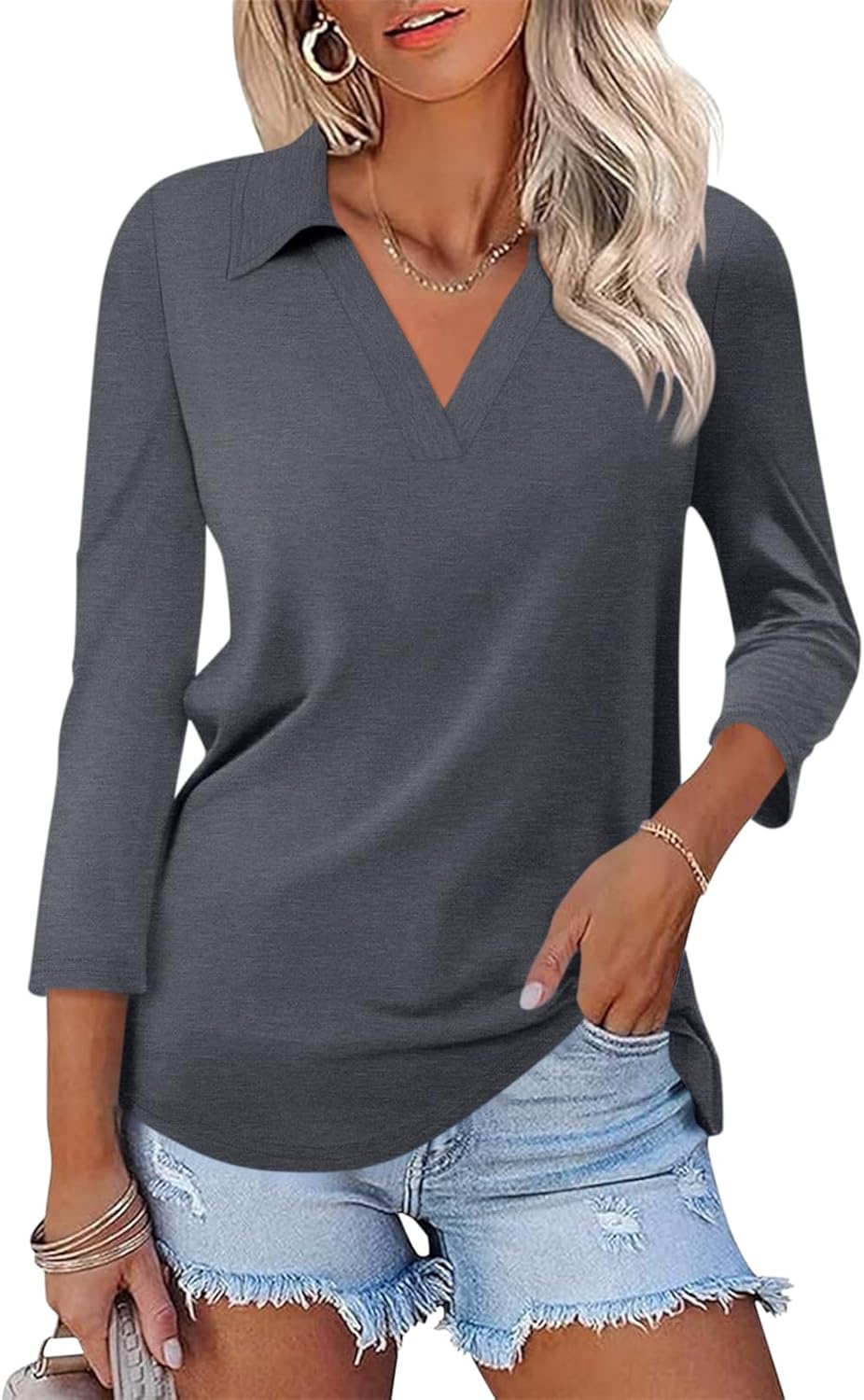 Womens V Neck Polo Shirts 3/4 Sleeve Collared Tops Business Casual Summer Tops Trendy Loose