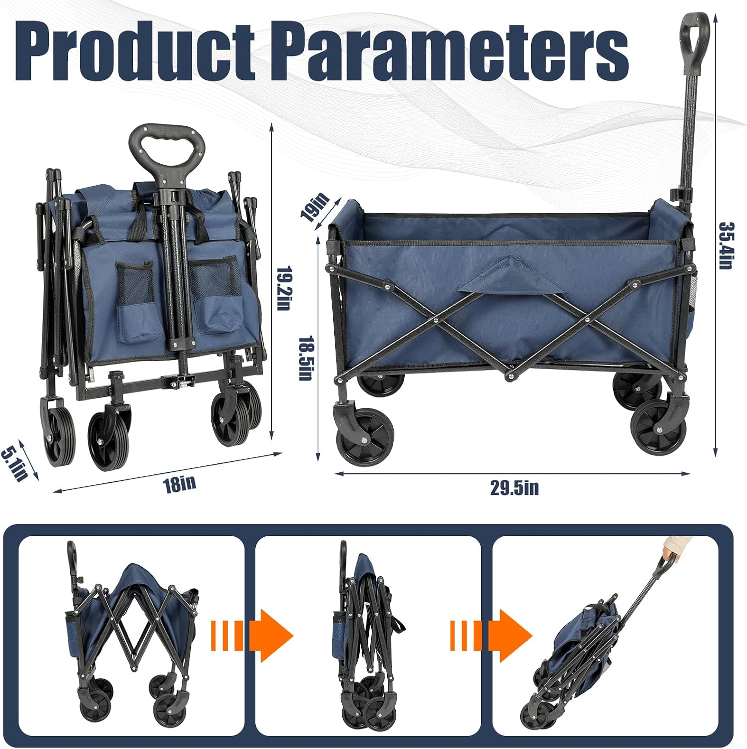 Foldable Wagon Cart with Wheels Collapsible - 300 LBS Large-Capacity Heavy Duty Folding Utility Cart for Garden Lounge Sports Groceries Camping Shopping - Dark Blue