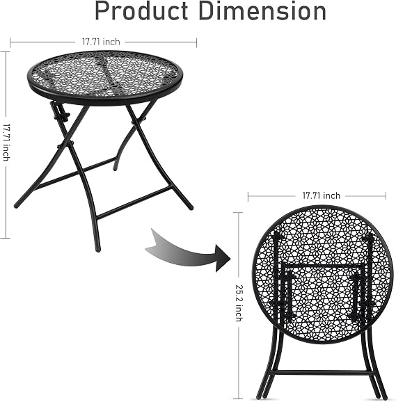 TeoKJ Folding Outdoor Side Table, Anti Rust Small Patio Table Round, Small garden table Metal End Table with Flower Cutouts for Porch Yard Balcony Deck Lawn, Black