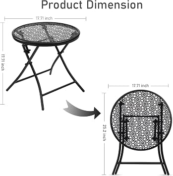 TeoKJ Folding Outdoor Side Table, Anti Rust Small Patio Table Round, Small garden table Metal End Table with Flower Cutouts for Porch Yard Balcony Deck Lawn, Black