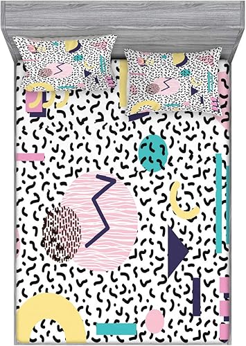 Ambesonne Juego de sábanas bajeras y fundas de almohada de los años 90, patrón geométrico en estilo retro, formas redondas de triángulo de media