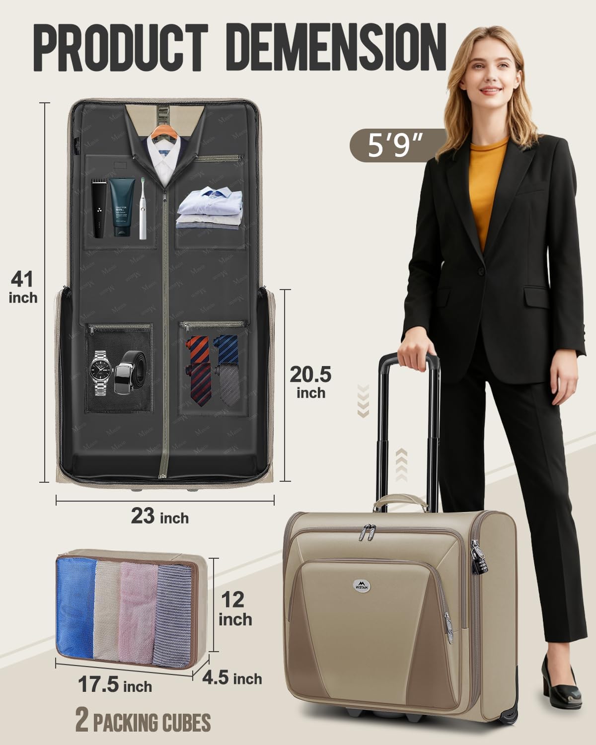 MATEIN Garment Bag with Wheels, Large Wheeled Garment Bags for Hanging Clothes with 2 Packing Cubes, Foldable Softside Travel Suit Carrier for Women, Business Suitcase Luggage Fits 17" Laptop, Khaki