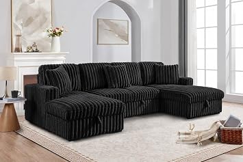 122 Inch Oversized Sectional Sleeper Sofa with Pull Out Bed,Dual Storage Chaise U Shaped 6 Seat Plush Corduroy Fluffy Large Modular Sectional Sofa Bed for Living Room,Black
