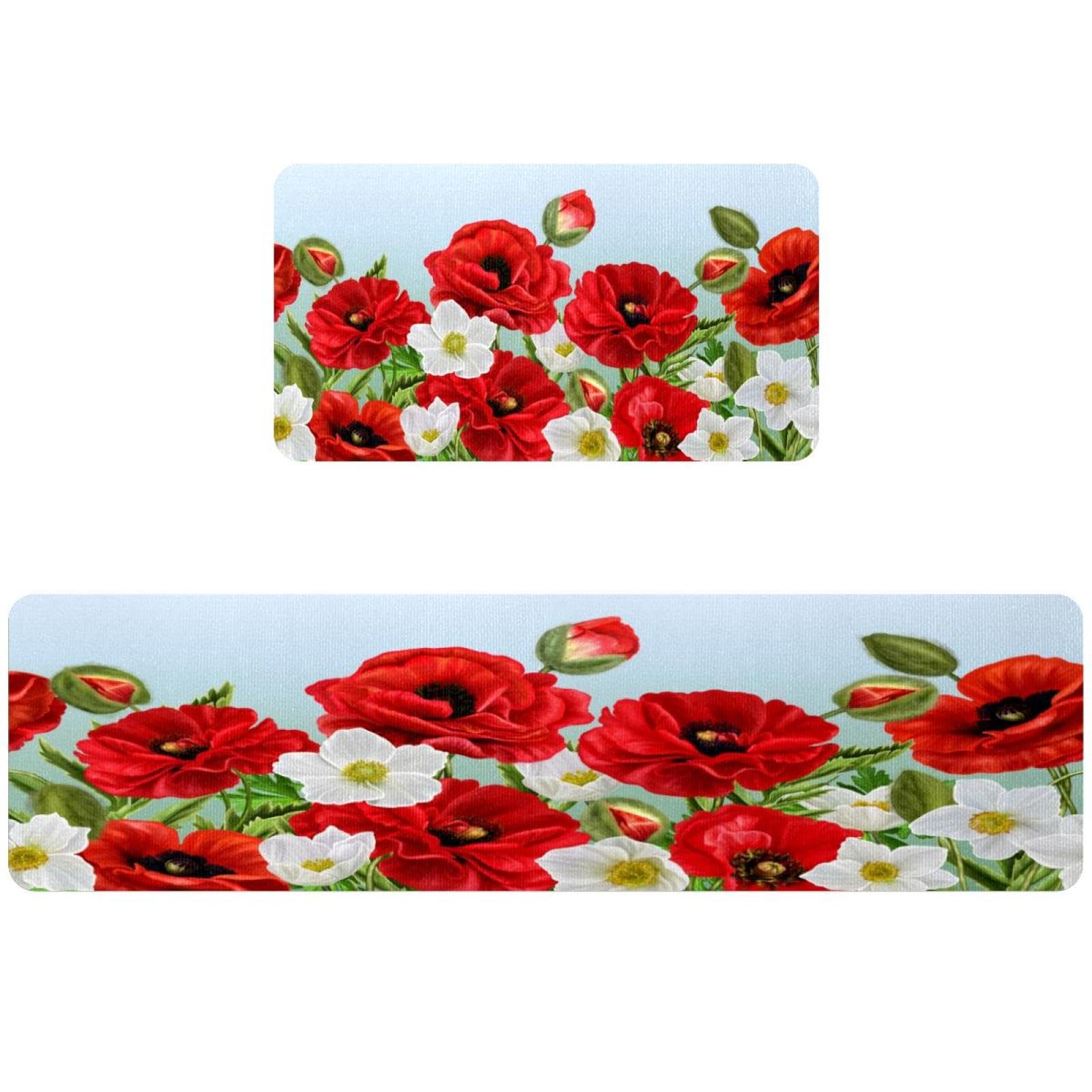 Tapis de cuisine antidérapants et lavables grand tapis de couloir fleurs rouges
