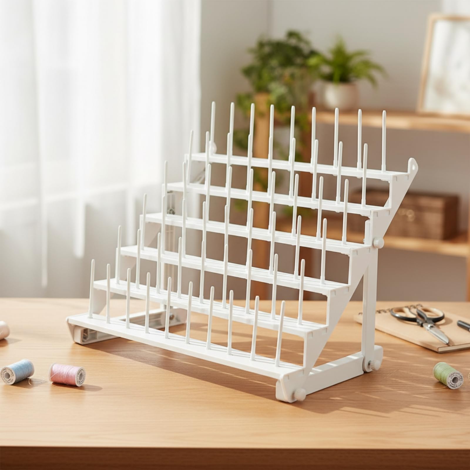 Porte-fils de Broderie Organisateur Support Présentoir Rack à Plusieurs Niveaux pour 60 Bobines et Cônes Tiges Longues Modulables Pose sur Table et