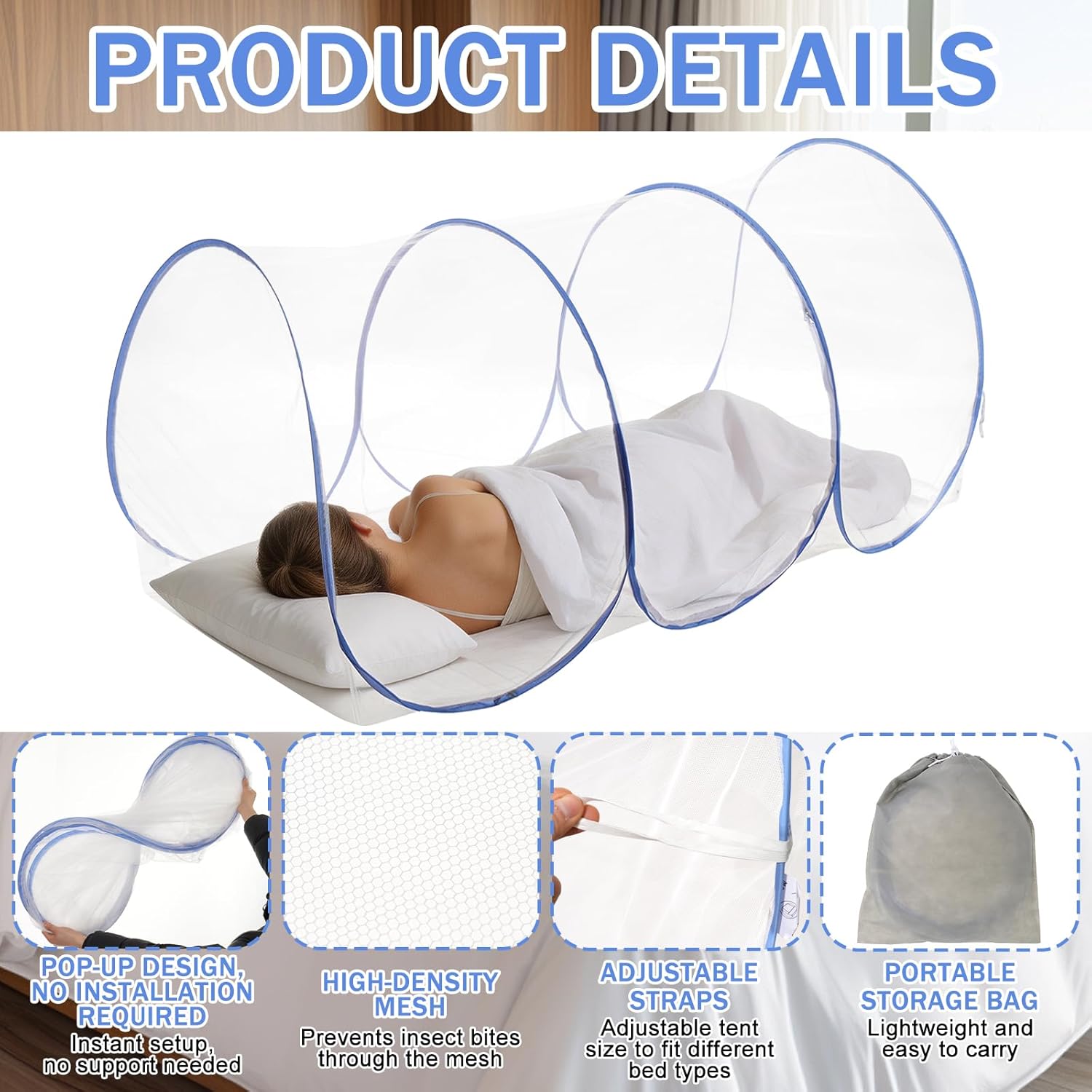 2 Pcs Extra Large Pop up Mosquito Tent Nets Portable Foldable Mosquito Bug Net for Bed Camping Travel Patio Bug Netting Mesh Tent Canopy for Adults Bedroom (74.8 * 35 * 35 Inch)