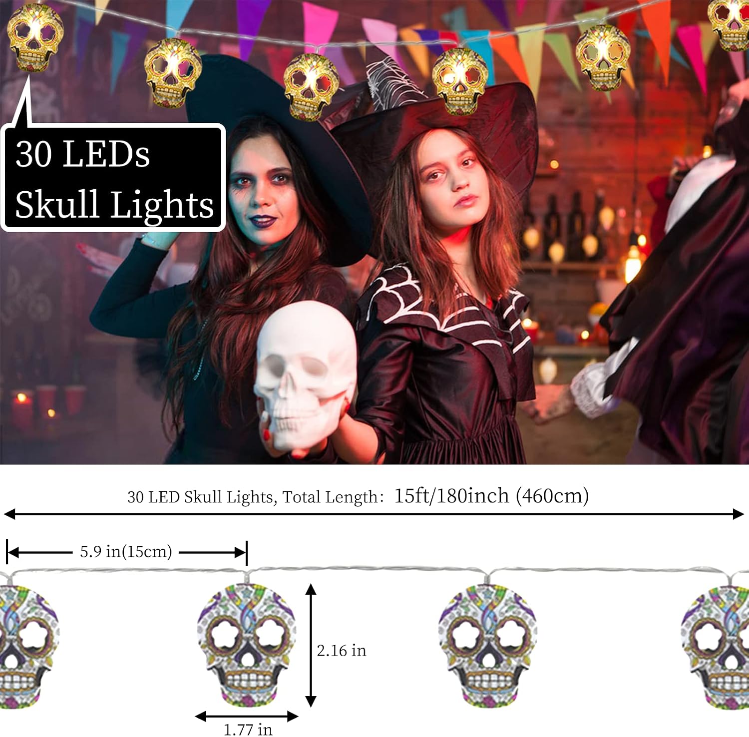 Halloween String Lights, 2 Packs Skull String Lights 15Ft 30LED Halloween Fairy Lights Fall Decor Light Battery/USB Powered Optional 2 Modes Flashing Cute Lights for Home Yard Patio 2025 Indoor Decor