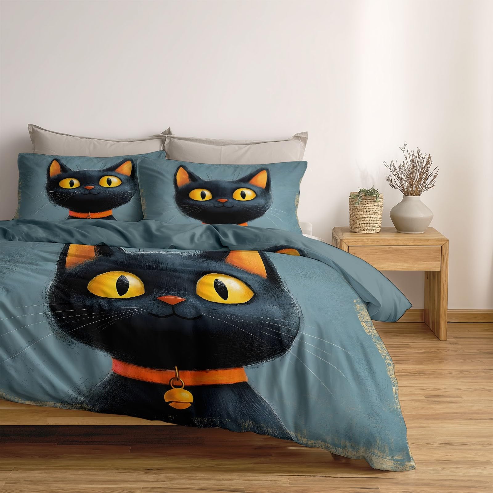 Generisch Cartoon Tiere 3-teiliges Bettwäsche-Set, 1 Bettbezug 240 x 220 cm und 2 Kissenbezüge 80 x 80 cm, Süßes Kätzchen, Mikrofaser, wendbar, modern, Kinderzimmer, Blau