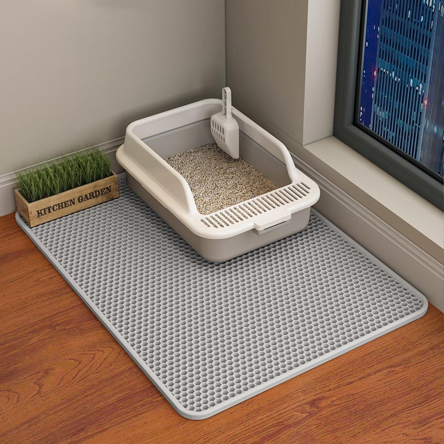 ERHAOG Cat Litter Mat Trapping Mat 75 x 55 cm, Honeycomb Double Layer Design, Urine and Water Proof Material Scatter Control Less Waste Easier to Clean Washable