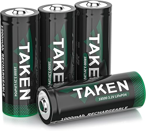 Taken Baterías de luz solar de jardín, paquete de 4 baterías 18500 3.2 V LiFePO4 baterías solares recargables 1000mAh para luces al aire libre