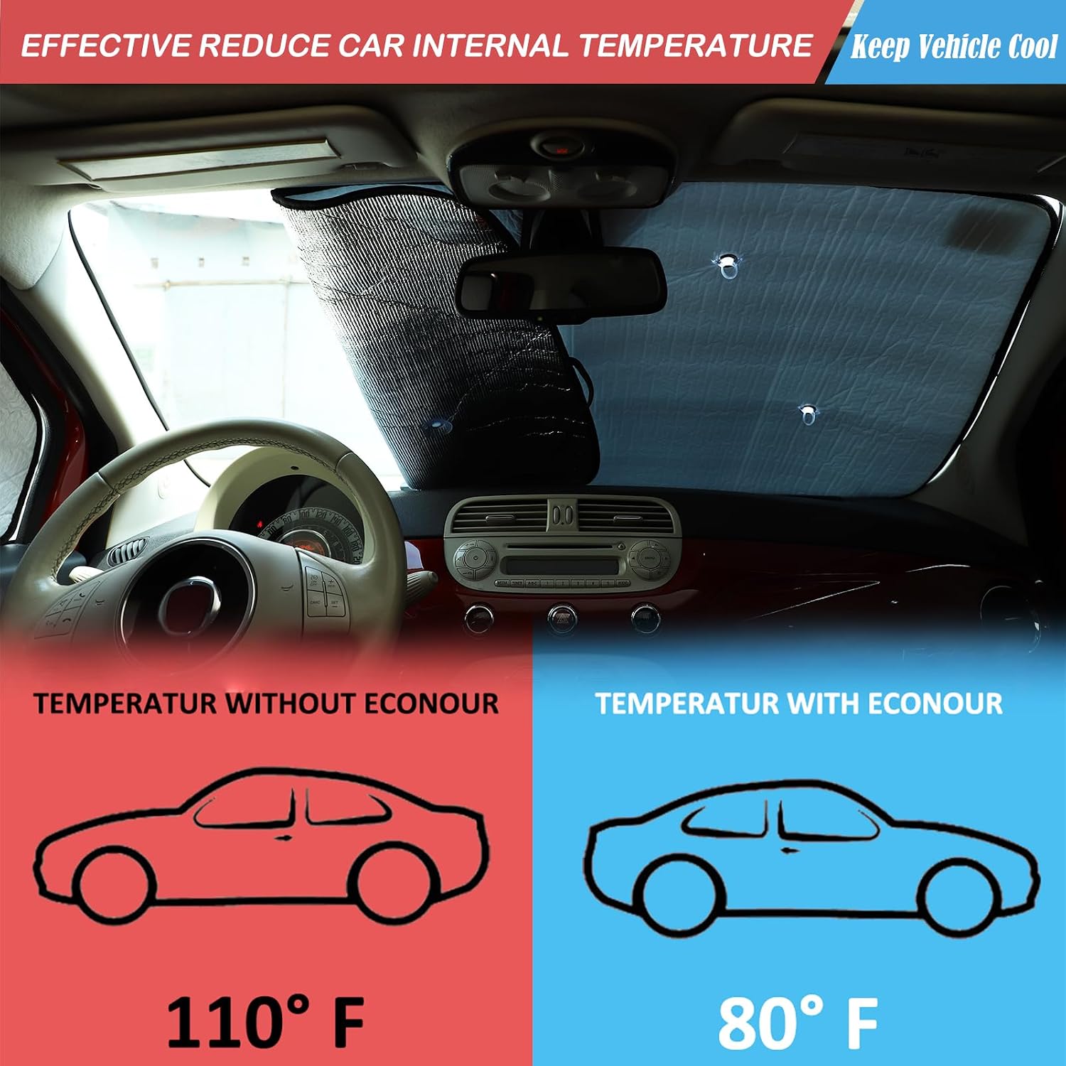 The Original Windshield Sun Shade Compatible with Fiat 500 2010-2022 Abarth 595 2014-2024 Car Windshield Reflective Sunshade Protector Sun Shade Accessories (Silver,Reflective Aluminum Foil)