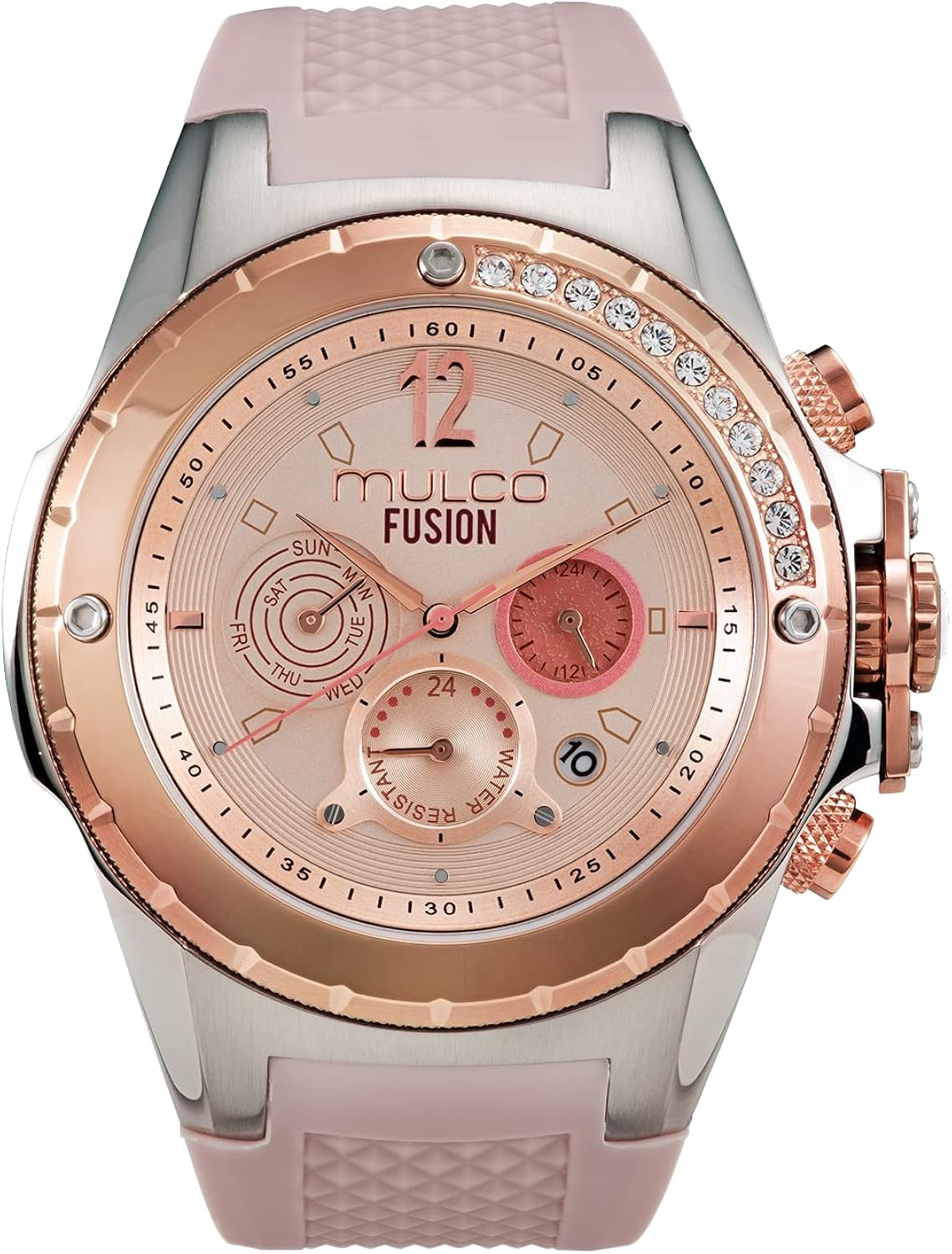 MULCO Blue Marine Women’s Watch Quartz Multifunctional Movement Stainless Steel and Silicone Band Premium Analog Display Swarovski Tones and Rose Gold Accents Water Resistant