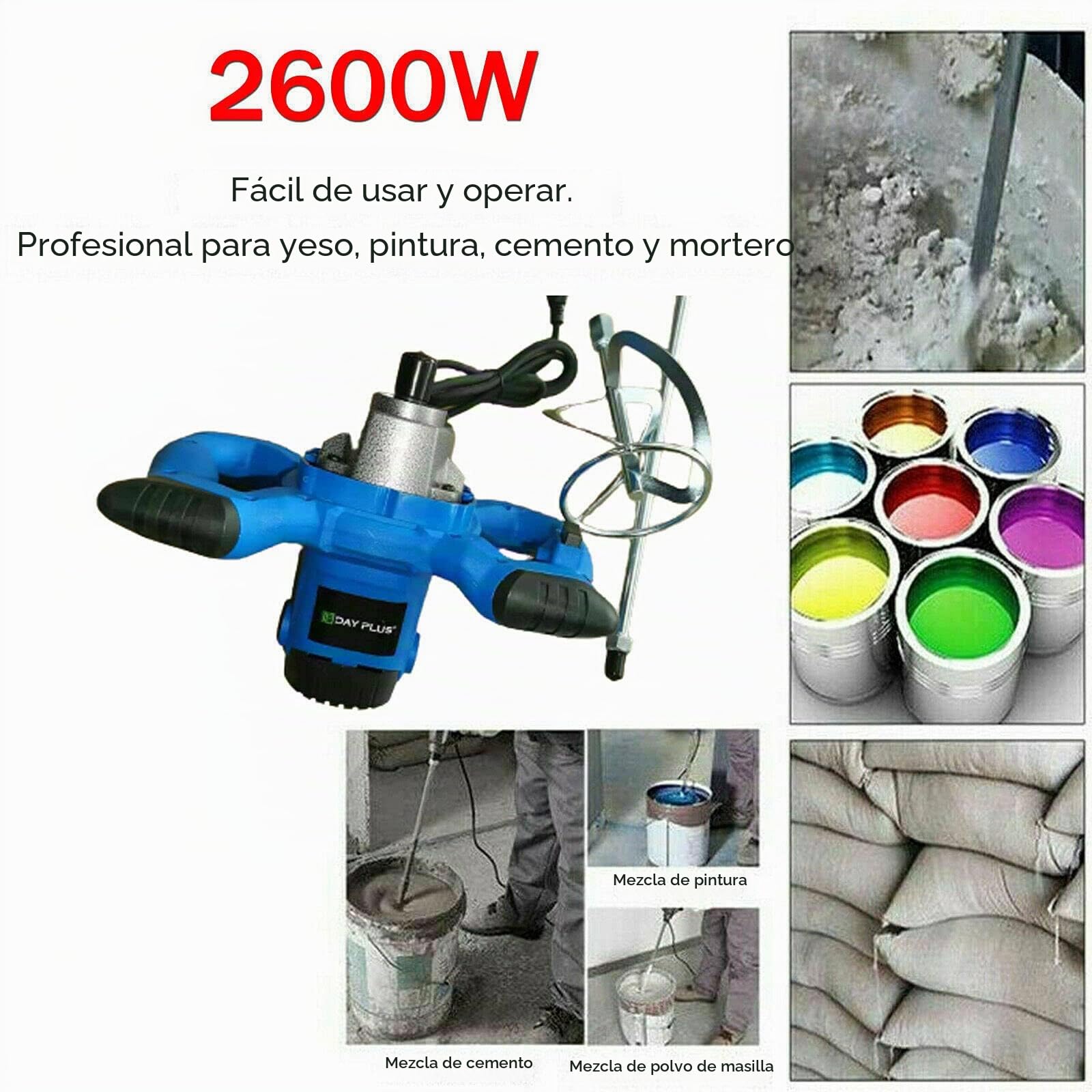 Mezclador manual de 2600 W, mezclador de concreto, portátil de cemento de cemento ajustable, 6 Speed Paint Mixer, 230 V Pádel Drill Mixer Stirring Tool for Mortar Grouts Paint Cement Plastering
