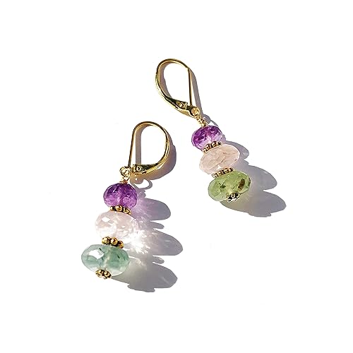 Amethyst Prehnite Rose Quartz Dangel Earrings, Handmade Natural Mixed Gemstones Green Pink Purple Gemstone, 18K Gold 925 Sterling Silver Jewelry,
