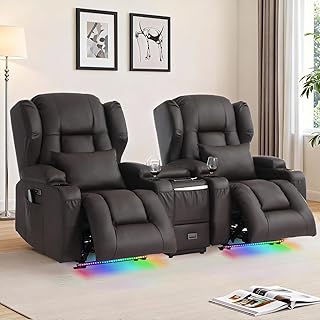 Relaxsessel mit Console,Elektrisch Verstellbarer Fernsehsessel mit Liegefunktion,TV Sessel Kinosofa 2er mit Massage & Getränkehalter,2er Kinosessel-Set fürs Wohnzimmer (Braun,2 Sitzer+Console)