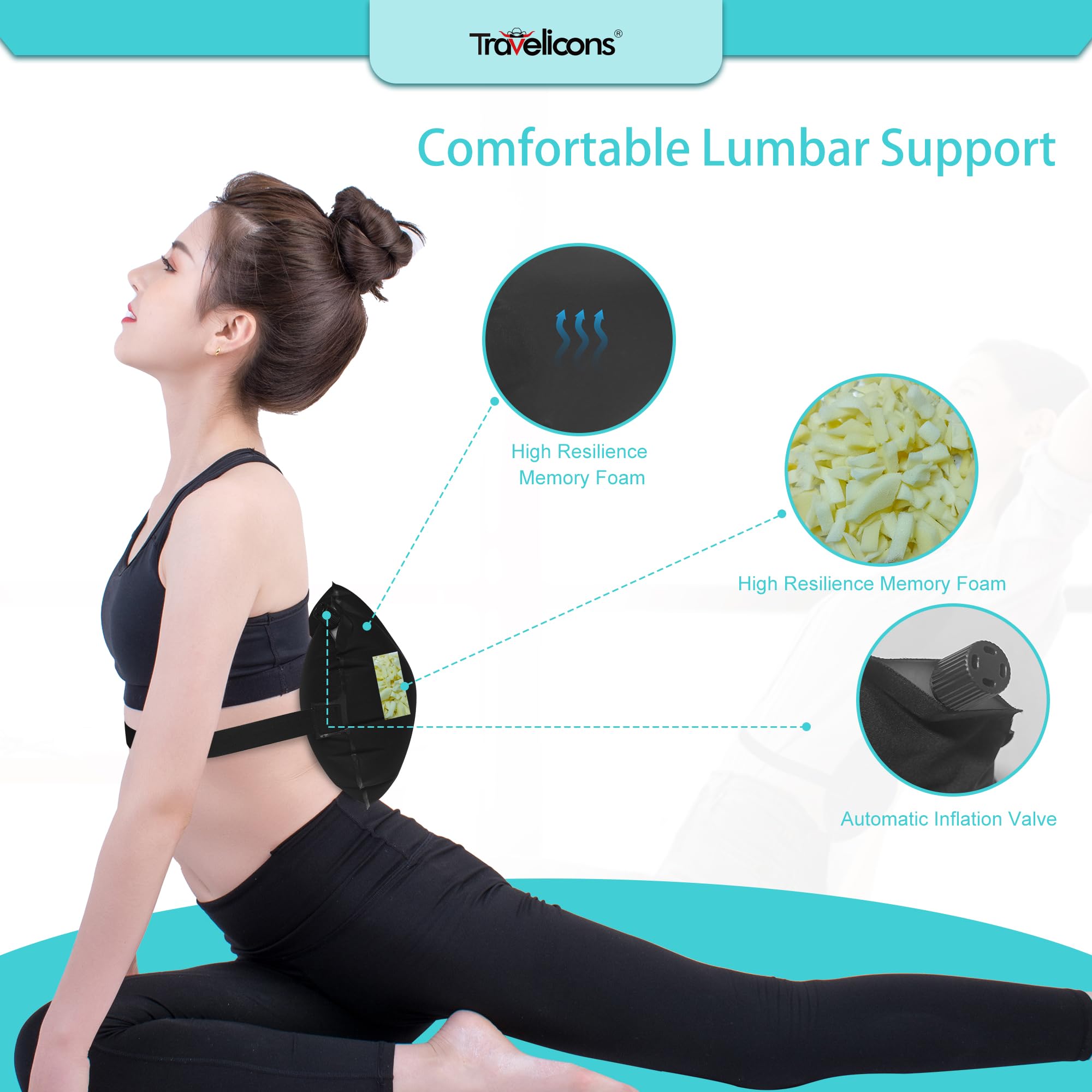 Almohada lumbar inflable de viaje para soporte de espalda de avión para silla