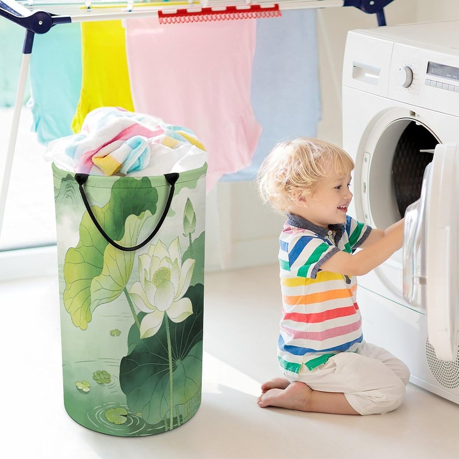 Green Lotus Pond Laundry Hamper Portable Lightweight Clothes Hampers Fashion Dirty Laundry Storage Basket Large Capacity Foldable Clothes Baskets for Bathroom Bedroom